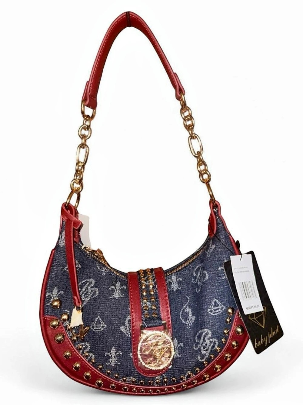 Baby Phat Denim Monogram Gold Studded Shoulder Bag Blue & Deep Red NWT